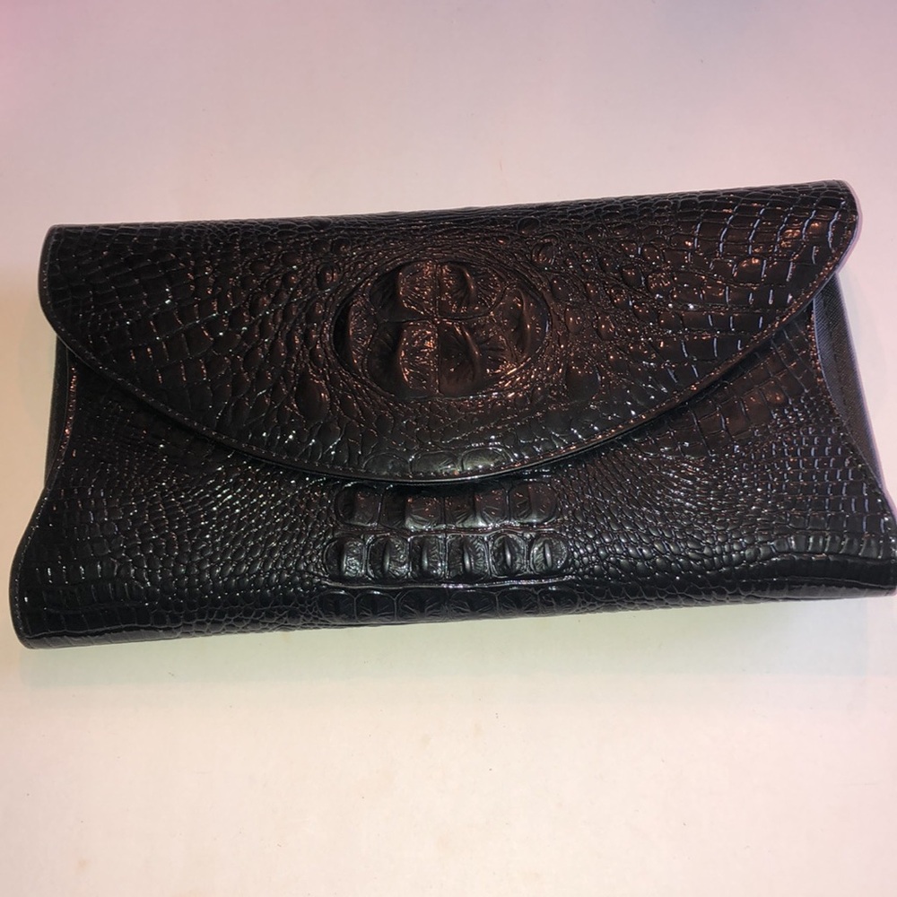 Black Croc-Embossed Faux Patent Leather Clutch or Crossbody Purse